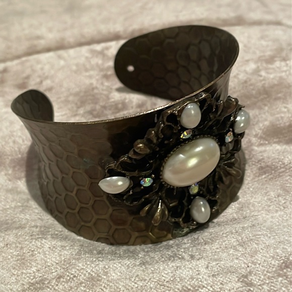 Bronze Honeycomb Faux Pearl Rhinestone Bracelet Cuff 6-9” Southwestern Style - Picture 4 of 7